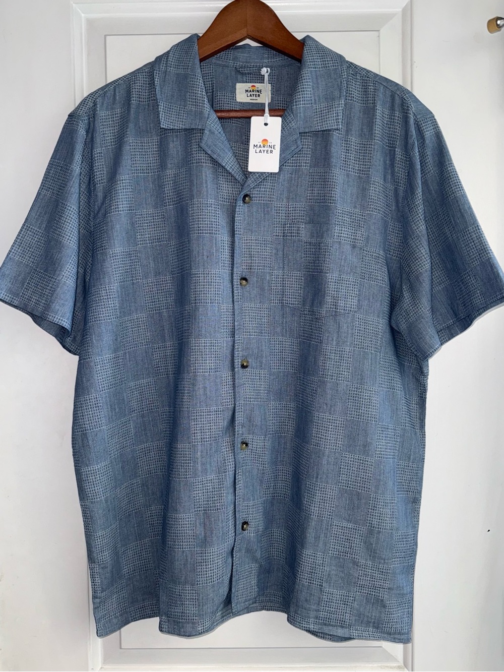🪡Marine Layer NWT Textured Cotton/Linen Resort Shirt in “Indigo Check”